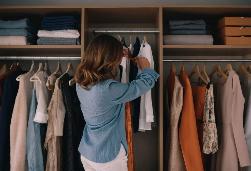 A woman aged 40 looking in her wardrobe trying to decide what to wear