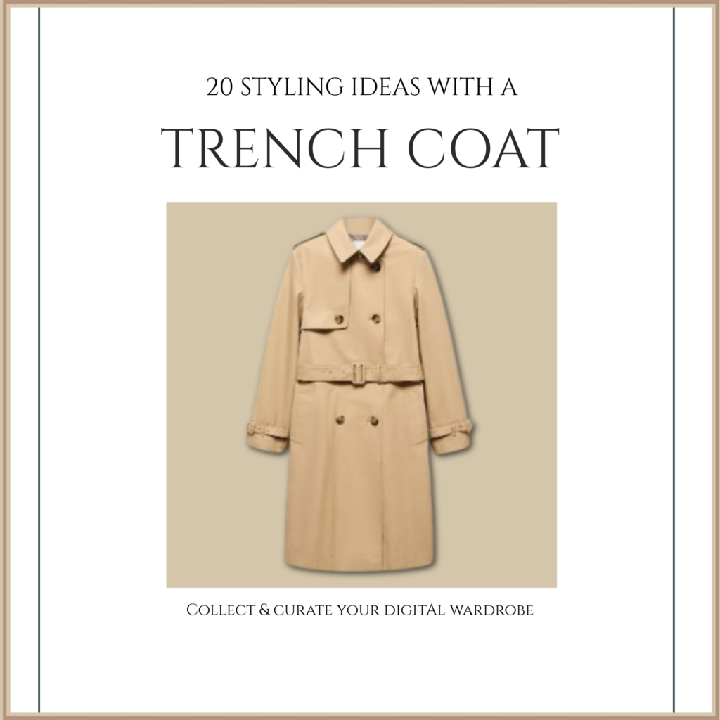 Digital wardrobe guide with 20 styling ideas with a classic beige trench coat.