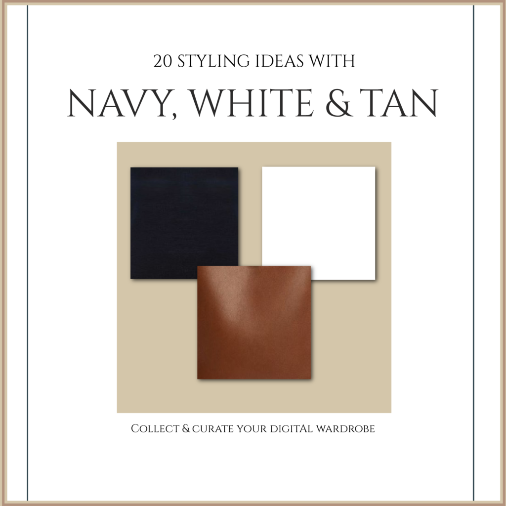 Digital wardrobe guide with 20 styling ideas with navy, tan and white.