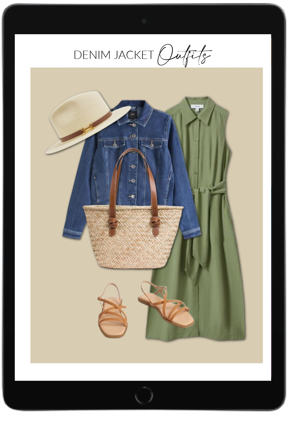 Denim jacket and green dress outfit with a rattan basket bag