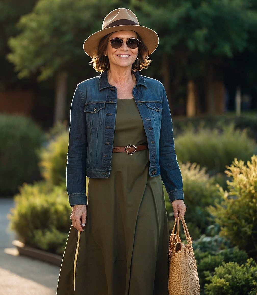 A 50 year old woman wearing a Denim jacket and green dress with a rattan basket bag from a digital wardrobe.