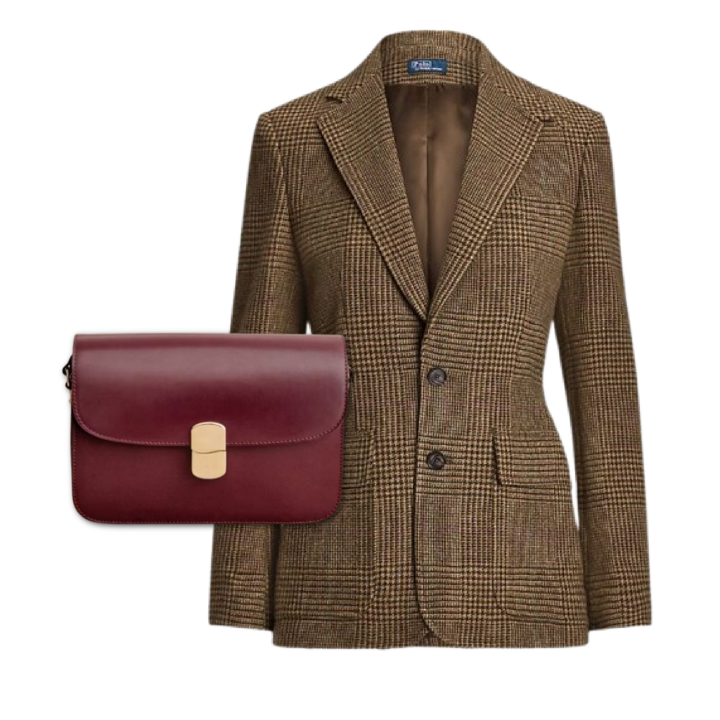 Burgundy bag with check blazer outfit