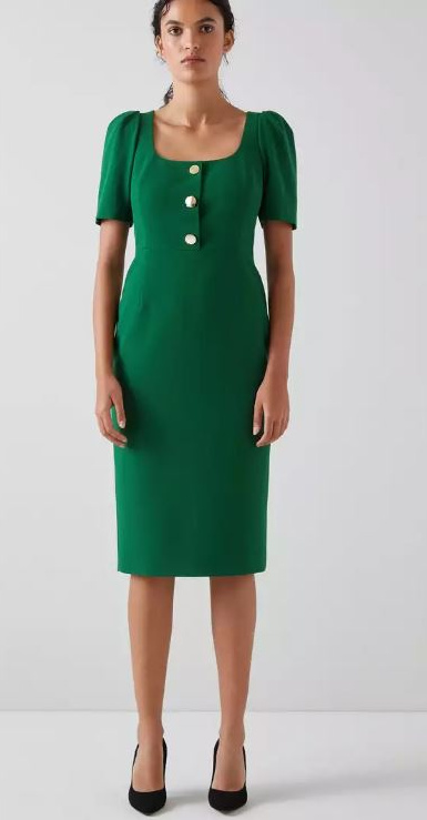 Green dress with black shoes outfit