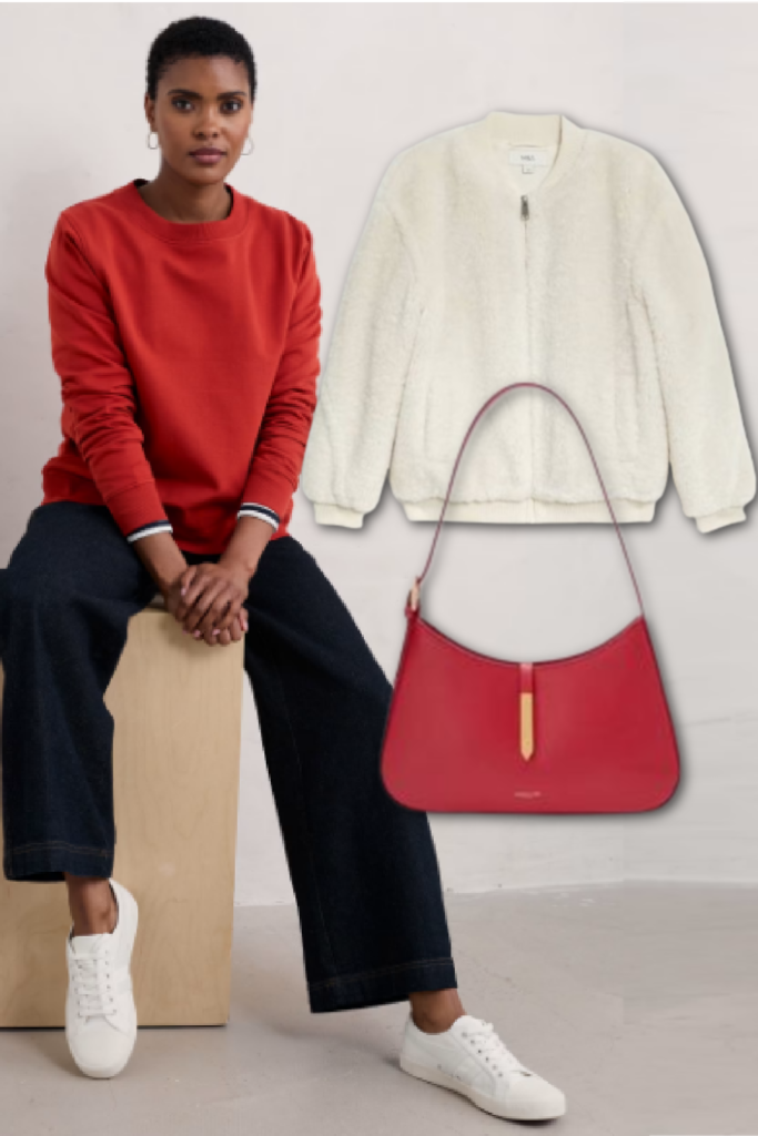 outfit with a red bag