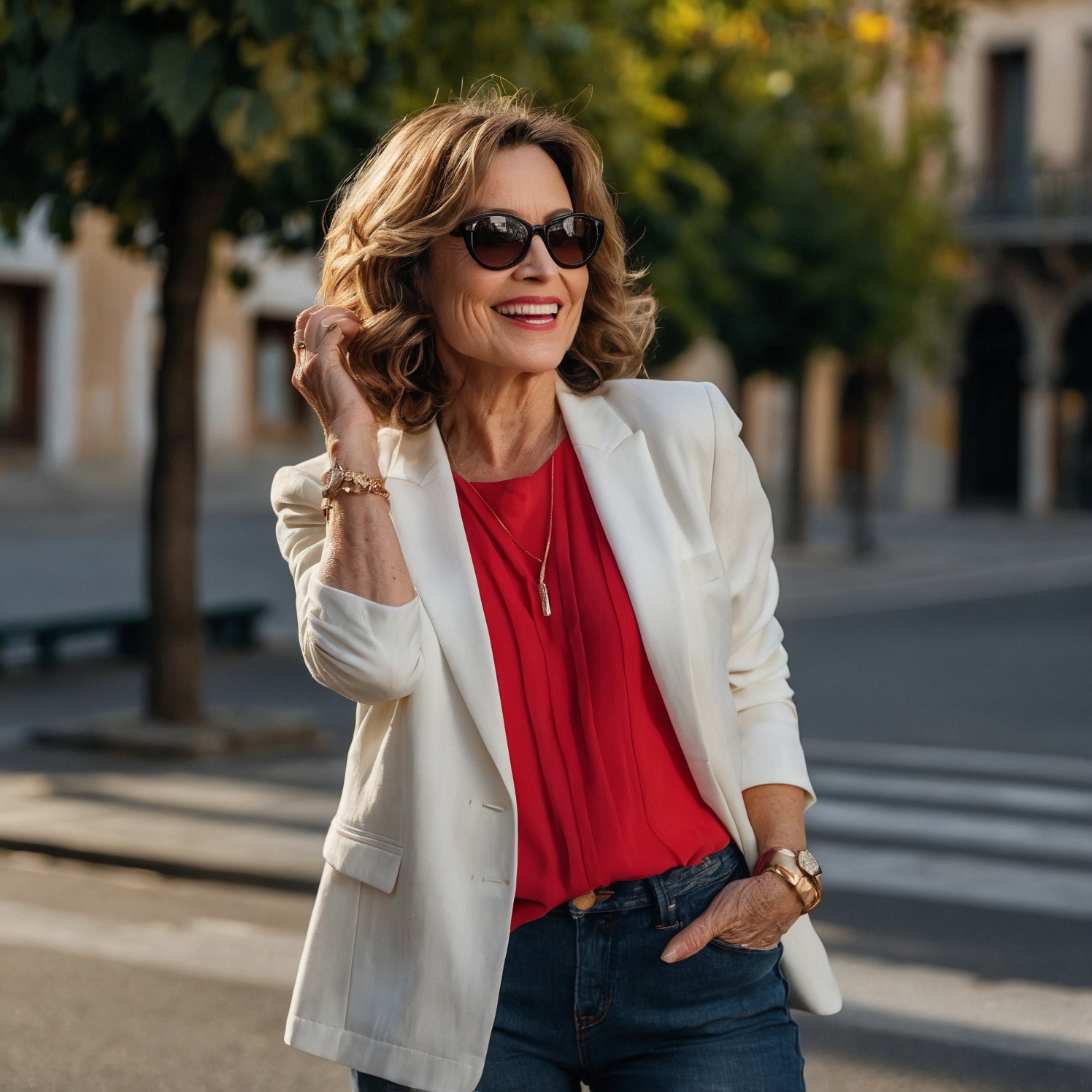 woman over 60 with brown hair wearing a white blazer and red top outfit