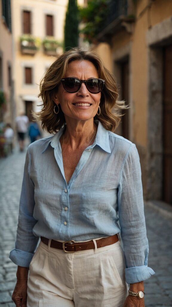 White linen pants pale blue shirt and tan accessories outfit