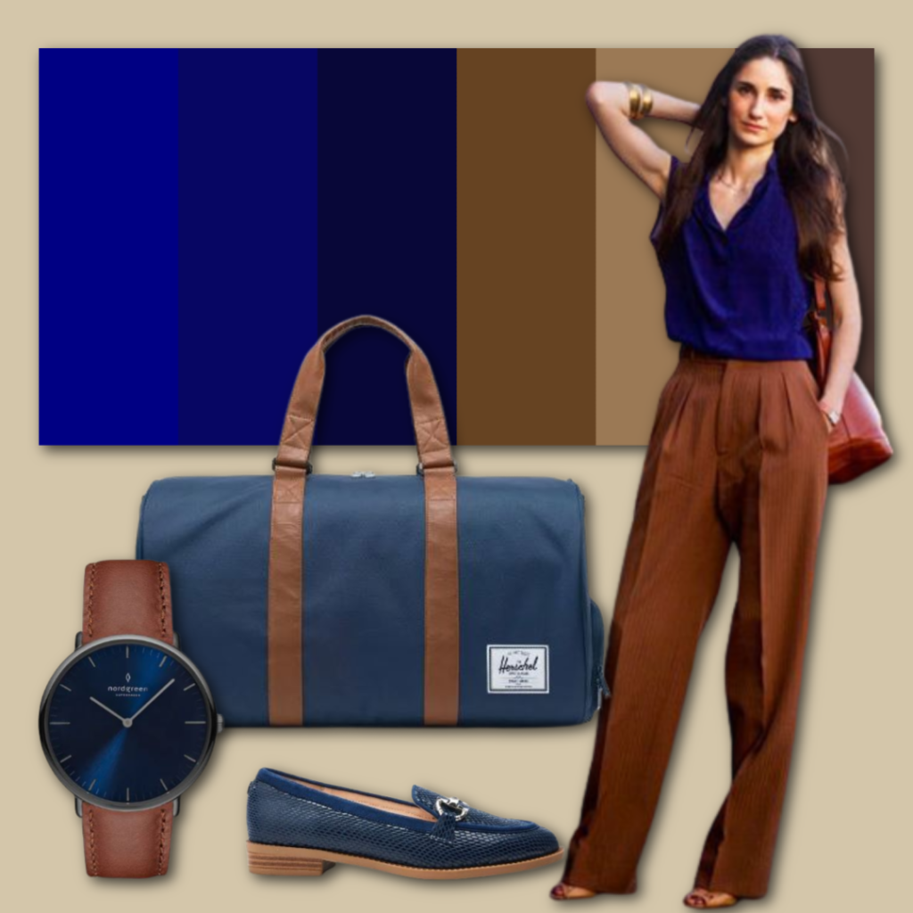 navy and brown outfits