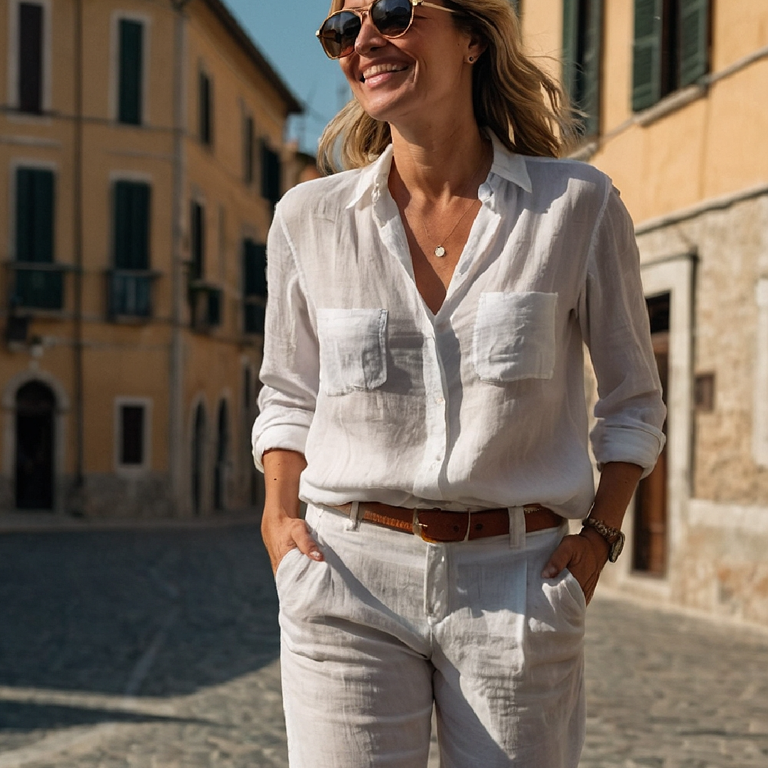 Woman wearing white linen trousers and white linen pants outfit