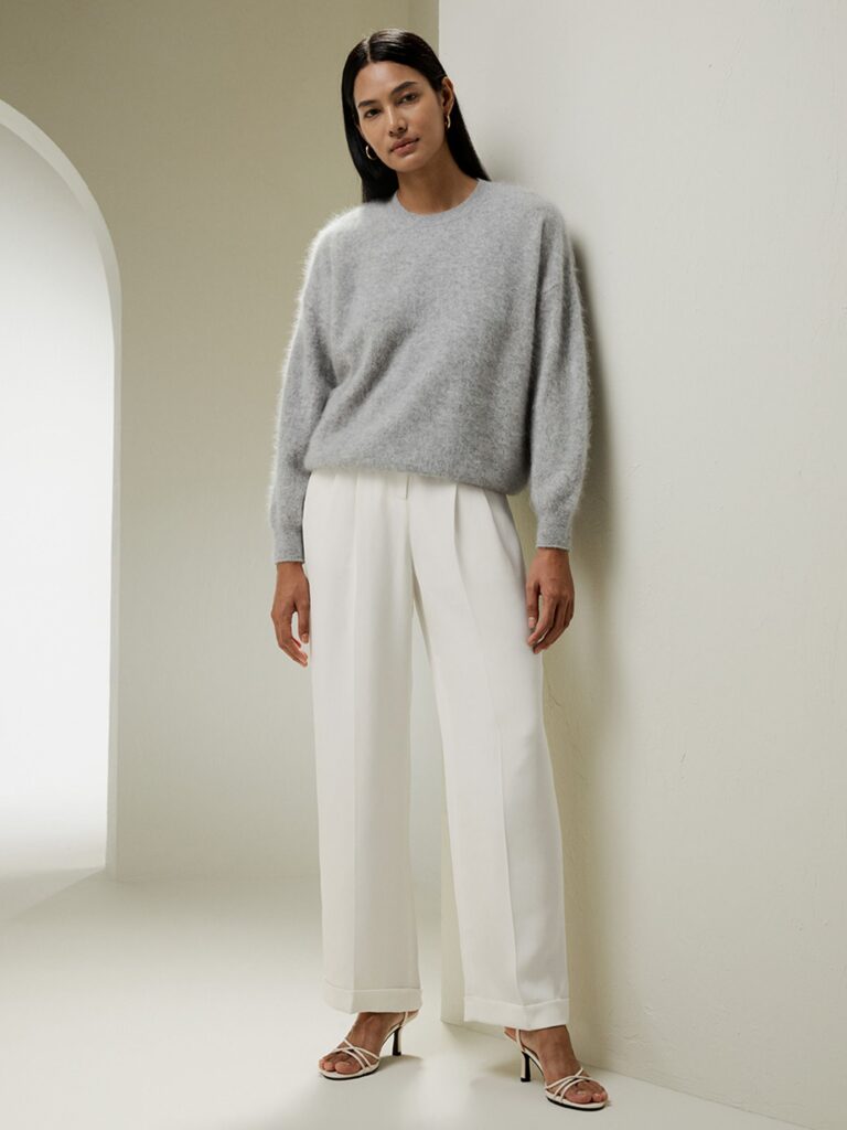 Grey Brushed Cashmere Pullover Sweater with White trousers