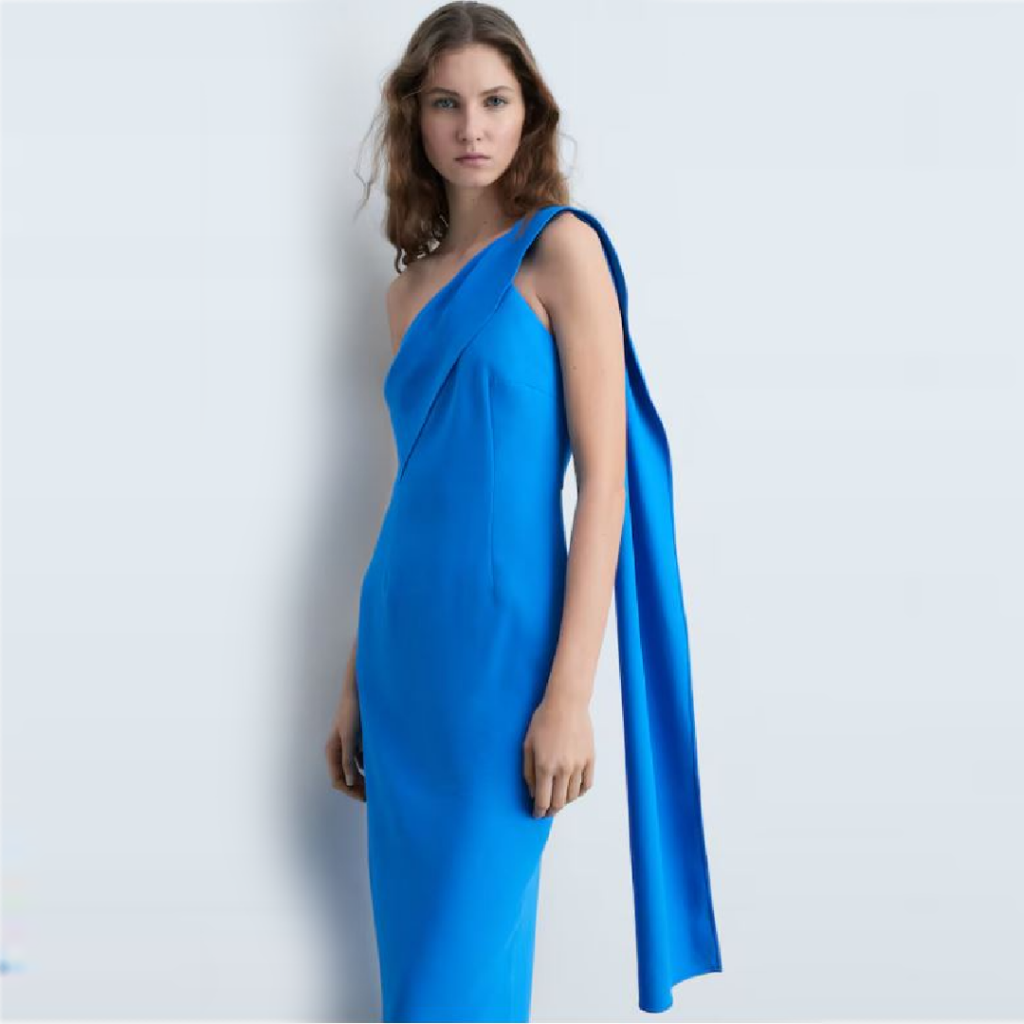 midi dress with asymmetrical neckline