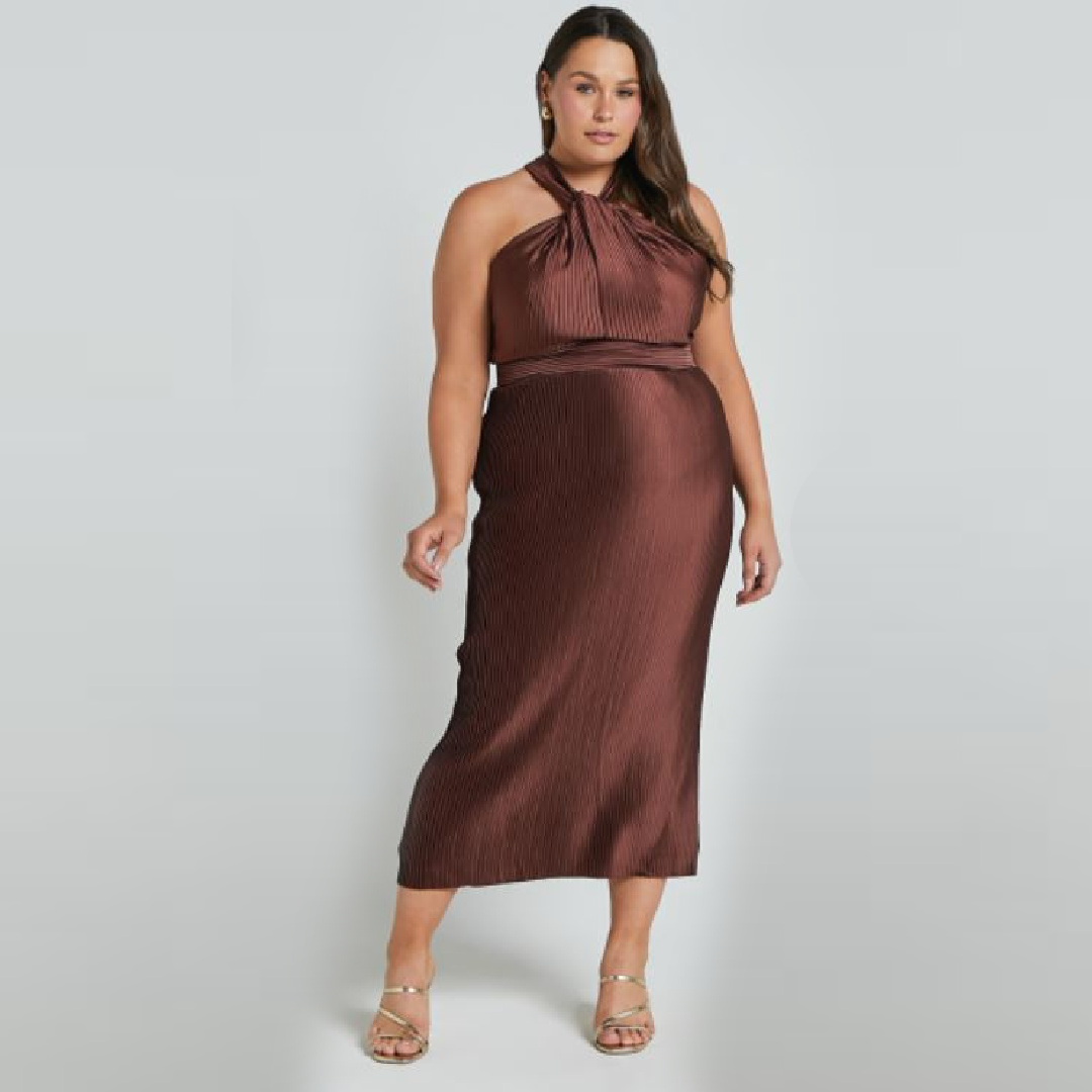 Pleated Wedding Guest Halter Dress in Chocolate