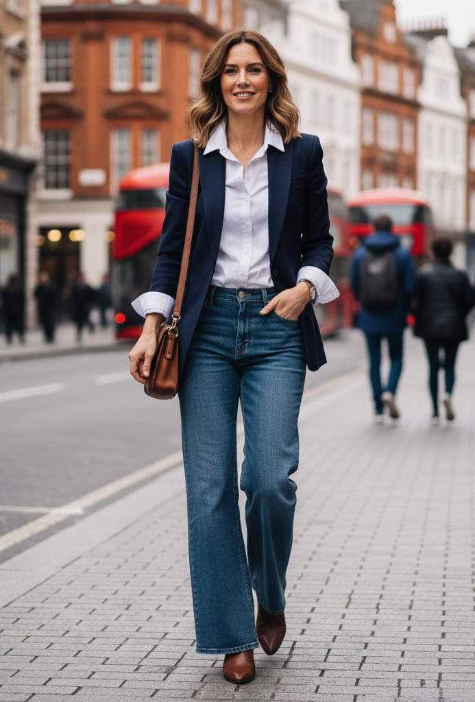 navy blazer and white shirt outfit