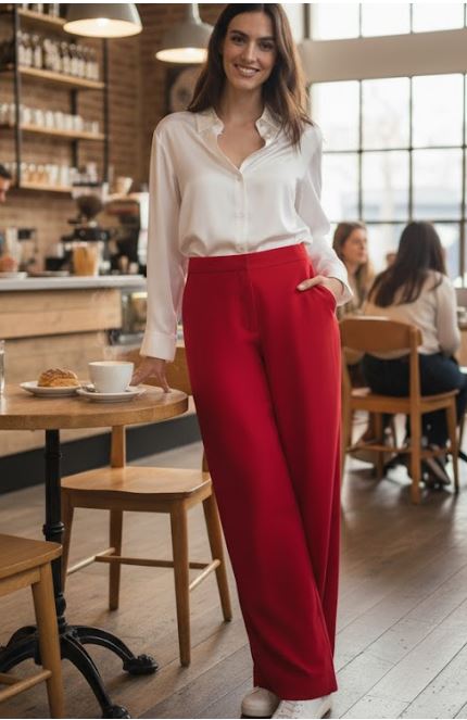Red trousers and white shirt outfit
